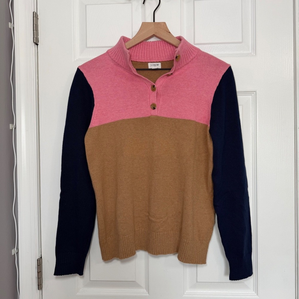 J.Crew Womens Colorblock 100% Cotton Mock Neck Button Sweater S preppy